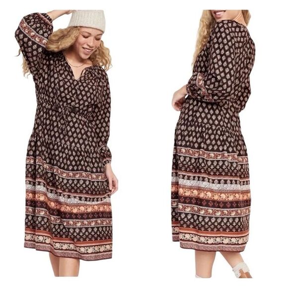 Old Navy 3X Long Sleeve Tiered Poet Midi Dress Brown Pockets Cottagecore Prairie - Picture 2 of 7